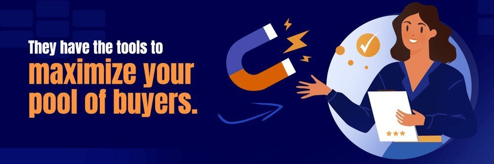 Illustrated real estate agent with a magnet, highlighting tools to maximize a home's pool of buyers.