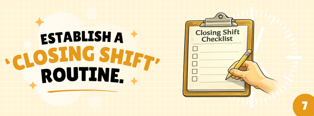 Establish a closing-shift routine, illustrated with a hand checking off a list.
