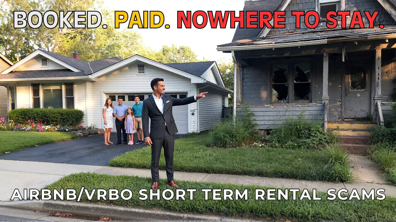 A real estate agent stands between a clean suburban home and a damaged abandoned house while text warns about Airbnb and Vrbo short-term rental scams involving canceled bookings and fraudulent stays.