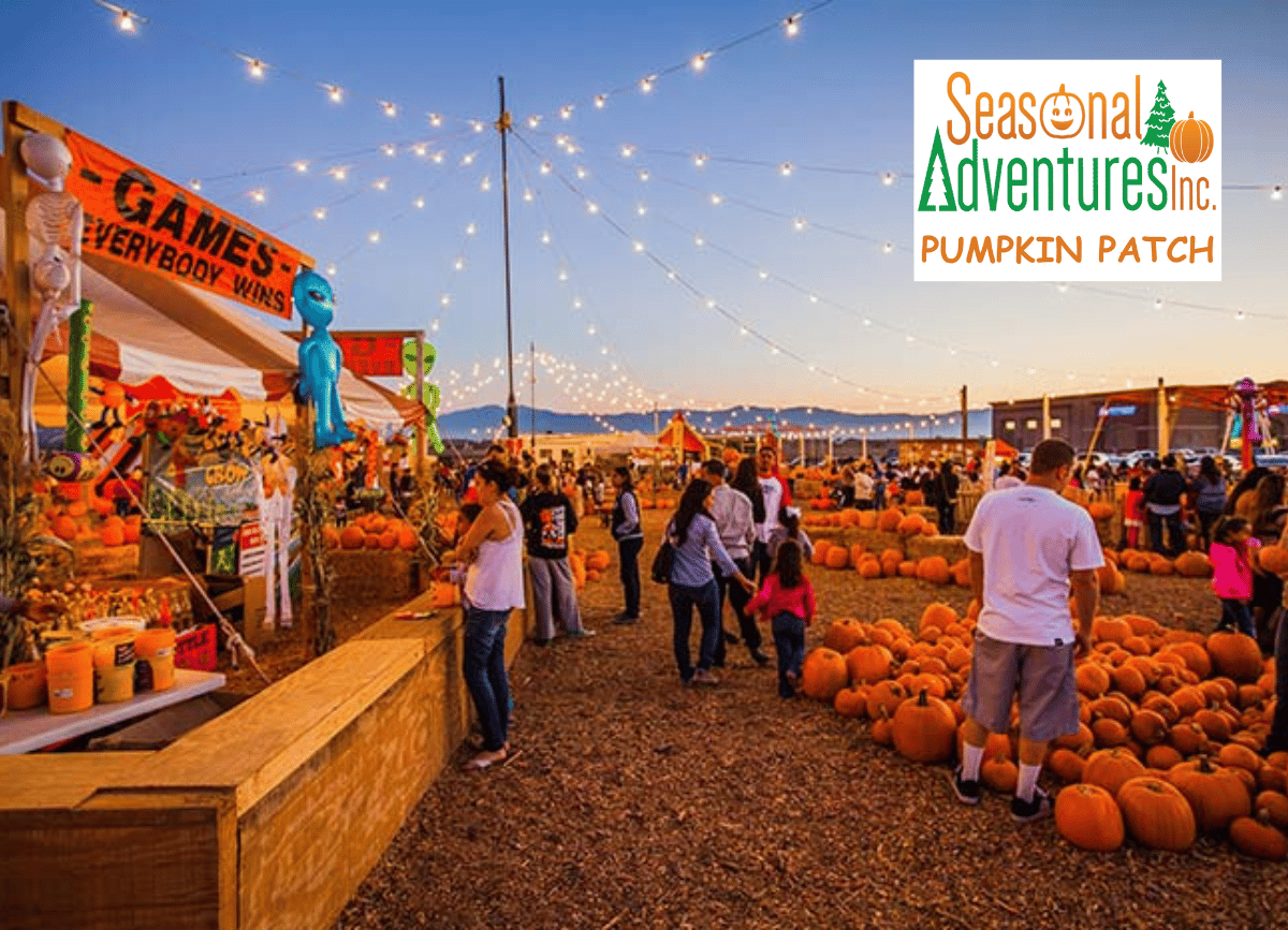 Crowds browse pumpkins and carnival games beneath string lights at a fall pumpkin patch.
