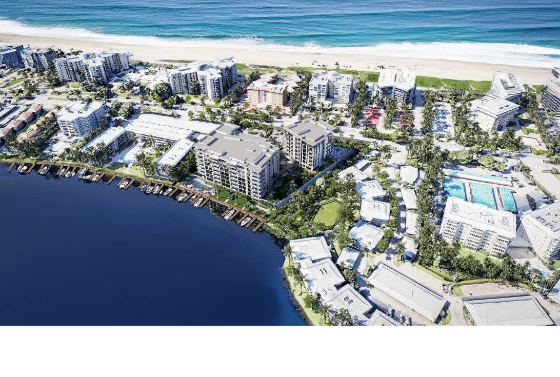 Aerial rendering of 3300 Gulf Shore, Naples between the Gulf and the bay on Gulf Shore Boulevard North