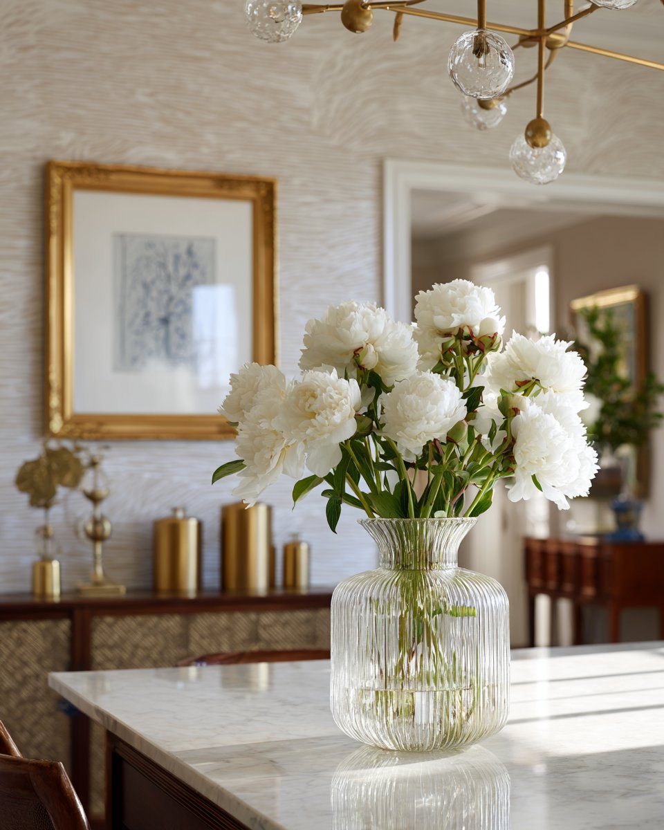 Kitchen island with a glass vase of white flowers beneath a brass chandelier.