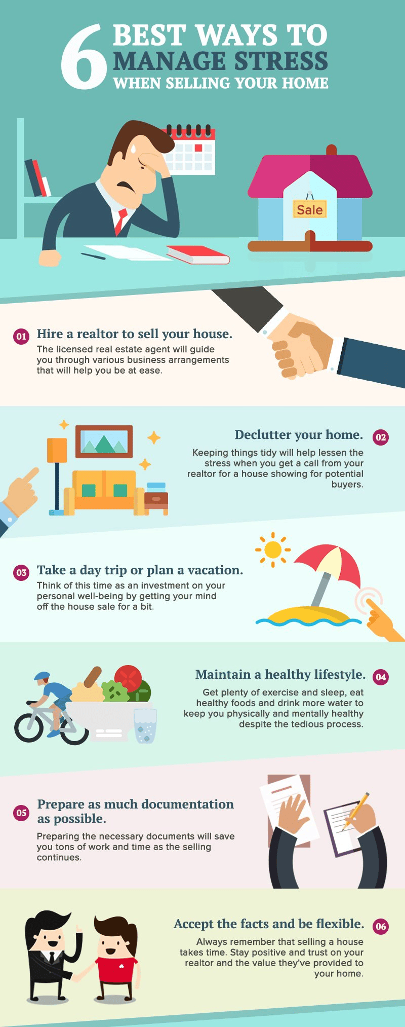 Infographic with six illustrated tips for managing stress while selling a home.