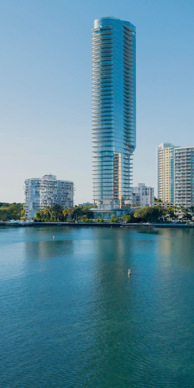 Bayfront Building Exterior at UNA Residences on the Brickell waterfront in Miami, Florida.