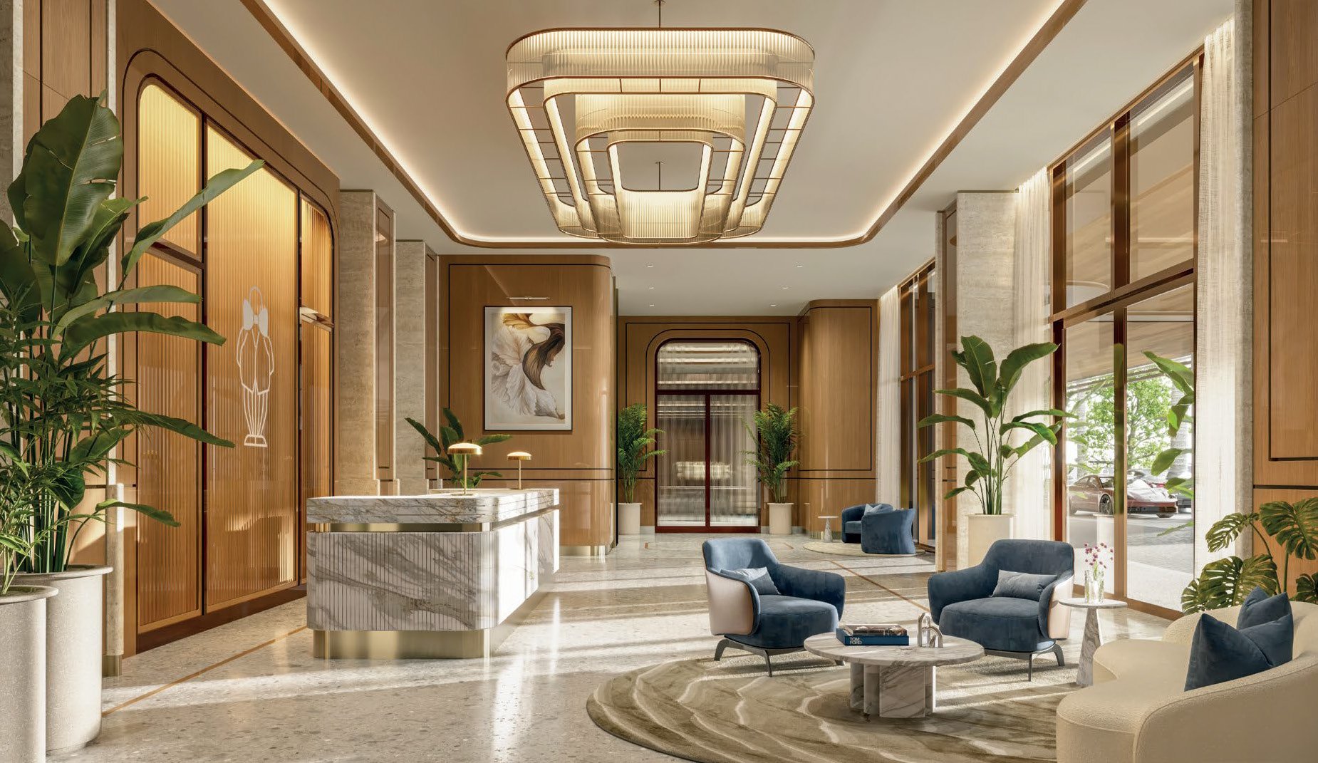 Rendering of a light-filled interior with marble finishes at Mr. C Residences Boca Raton