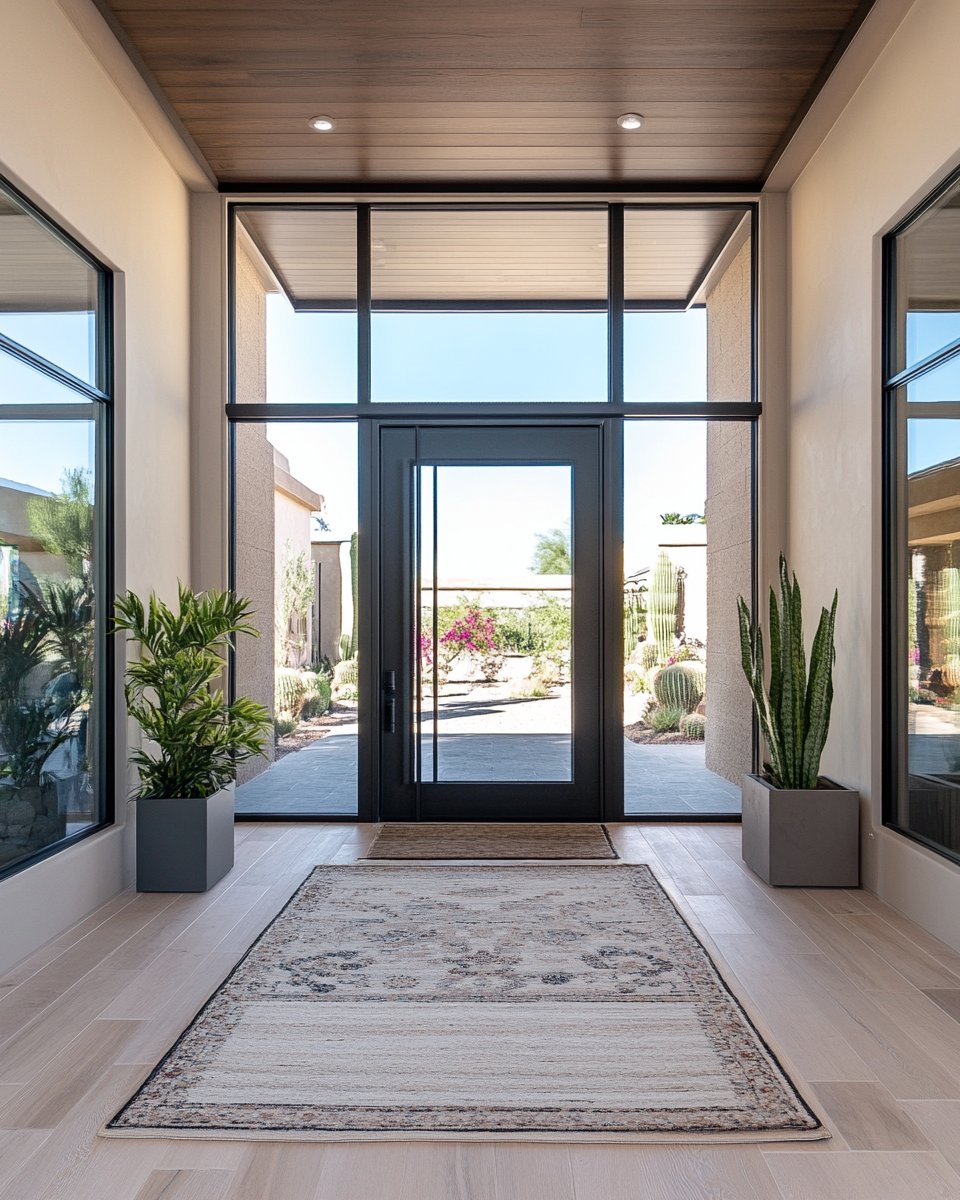 Modern entryway with a black-framed glass door, wood ceiling, patterned rugs, and potted plants.