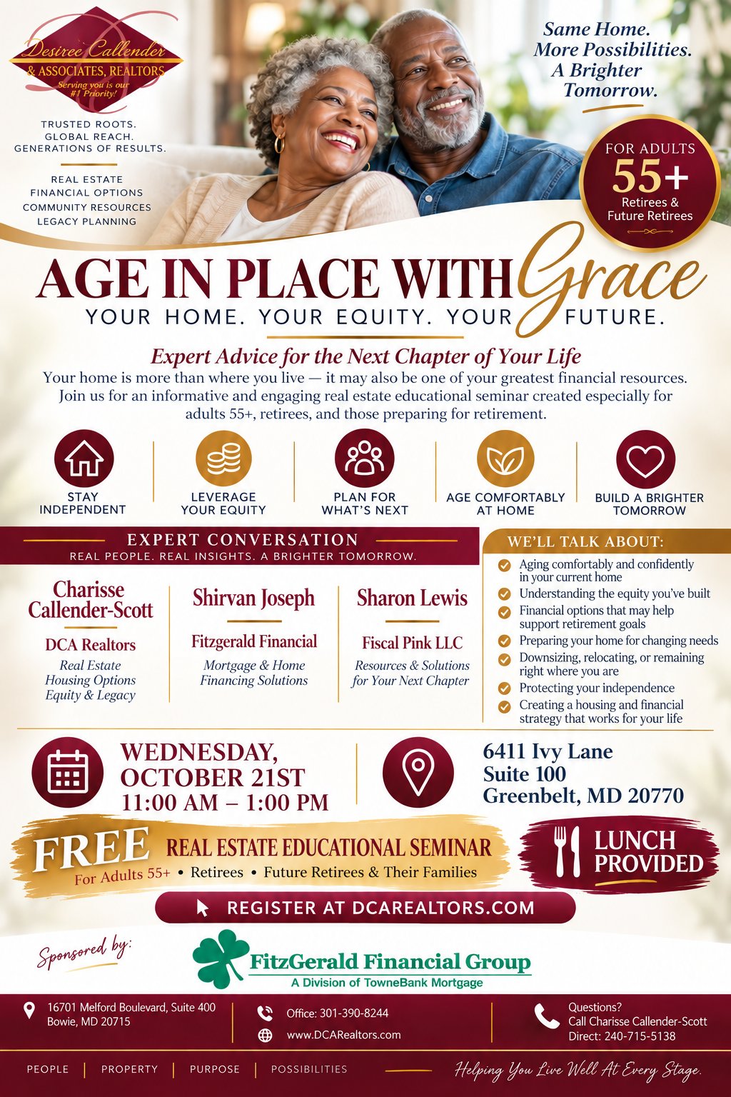 DCA Realtors seminar flyer for “Age in Place with Grace,” featuring an older couple and event details.