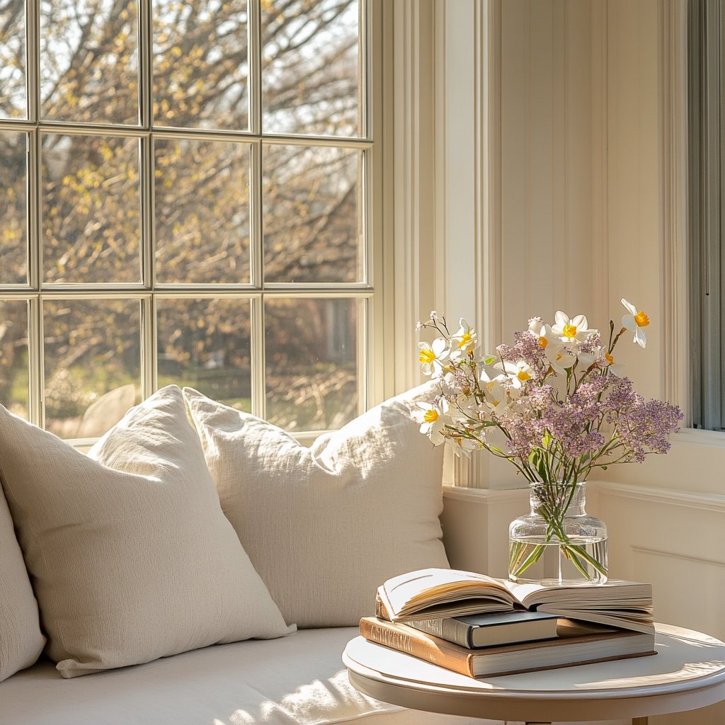 Cream sofa beside a large window, with flowers and books on a sunlit round table.