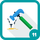 Blue hammer striking a nail beside a green shape, numbered 11.