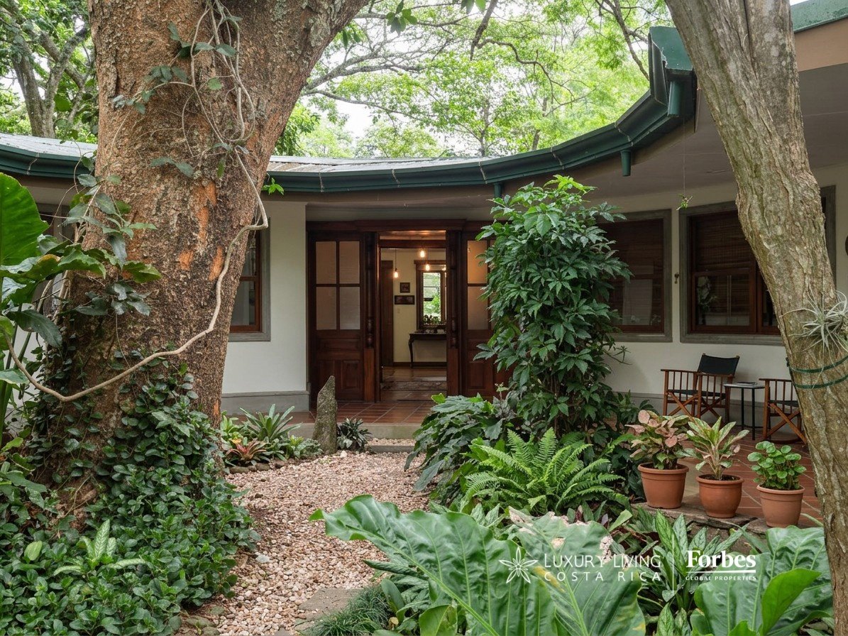 One-level villa entrance framed by mature trees, with a gravel path and lush tropical garden.