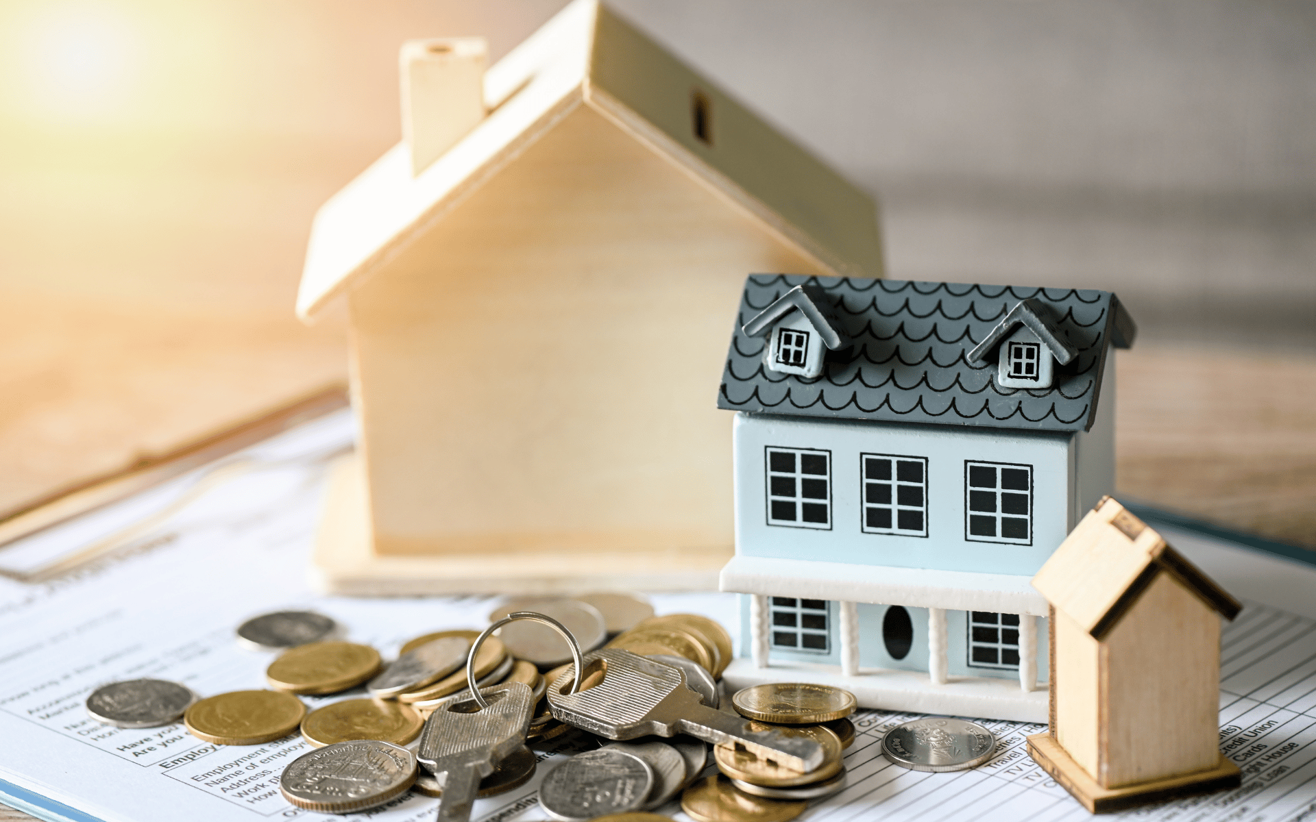 Miniature houses, keys, and coins arranged on home-buying paperwork.