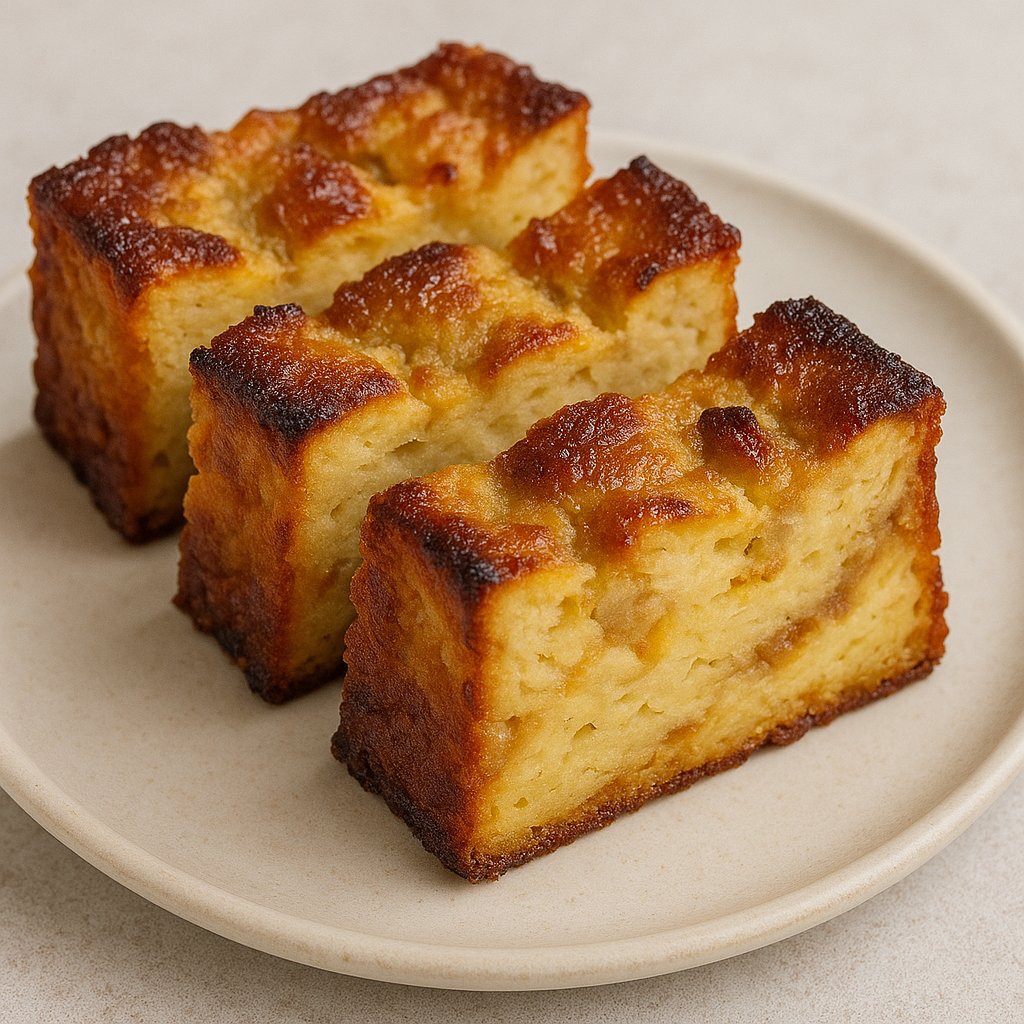 Golden bread pudding with caramelized edges served in slices.