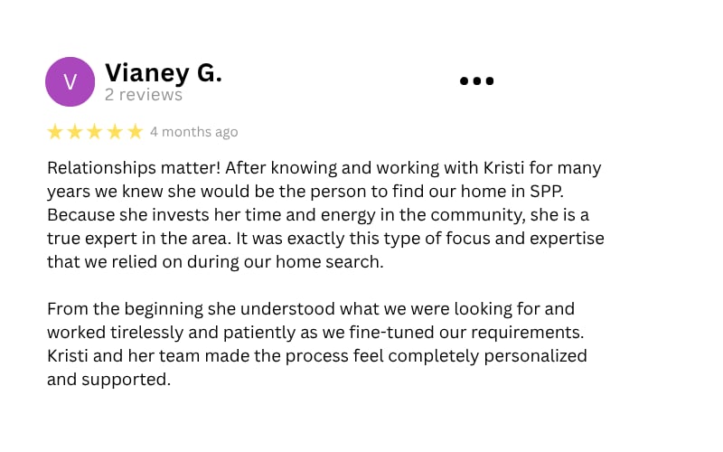 Five-star review from Vianey G. praising Kristi's expertise and personalized support during a home search.