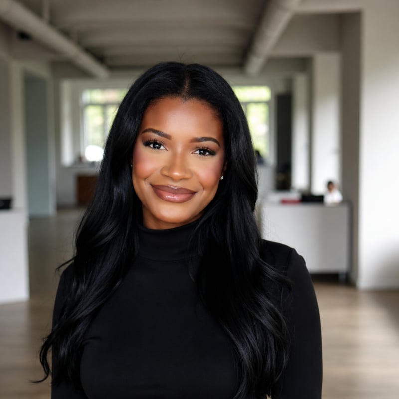 Lashawna Lenzy in a black high-neck top, photographed in a bright modern office.