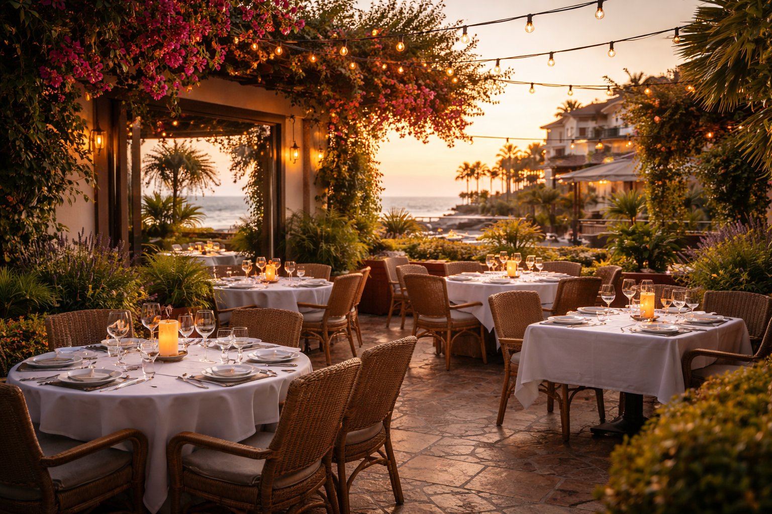 Upscale outdoor restaurant patio in Corona del Mar village with warm evening lighting and coastal California ambiance