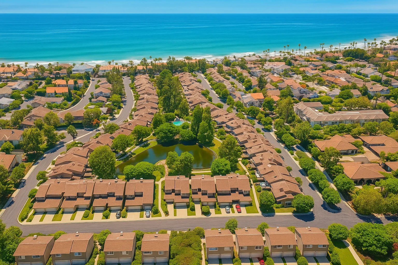Mill Pond townhomes with pond and greenbelt setting in Capistrano Beach