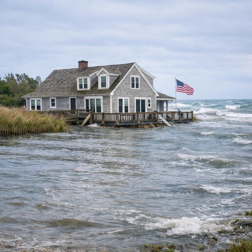 Gray-shingled coastal house beside choppy water, with a wraparound deck and American flag.