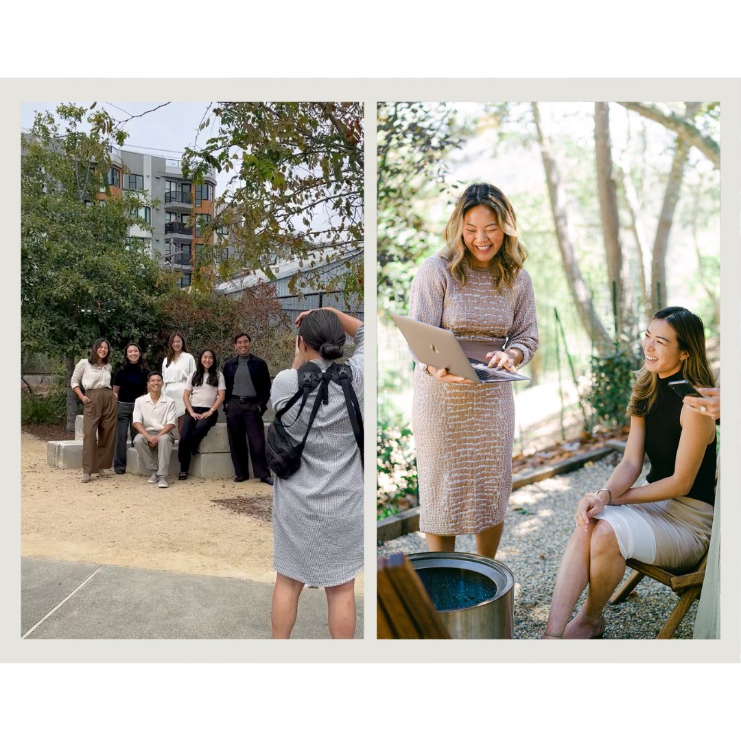Real estate team posing outdoors and colleagues chatting during a laptop presentation.