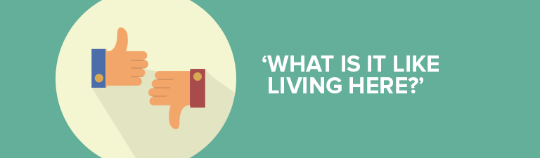 Thumbs-up and thumbs-down hands beside the question, “What is it like living here?”