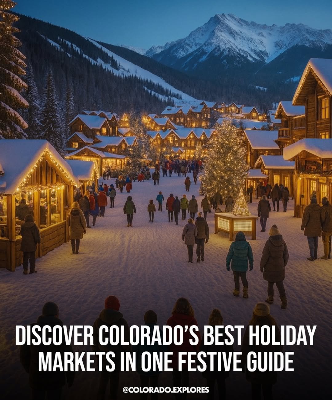 Snowy Colorado mountain town at night with holiday lights, decorated trees, and people walking through a festive market street