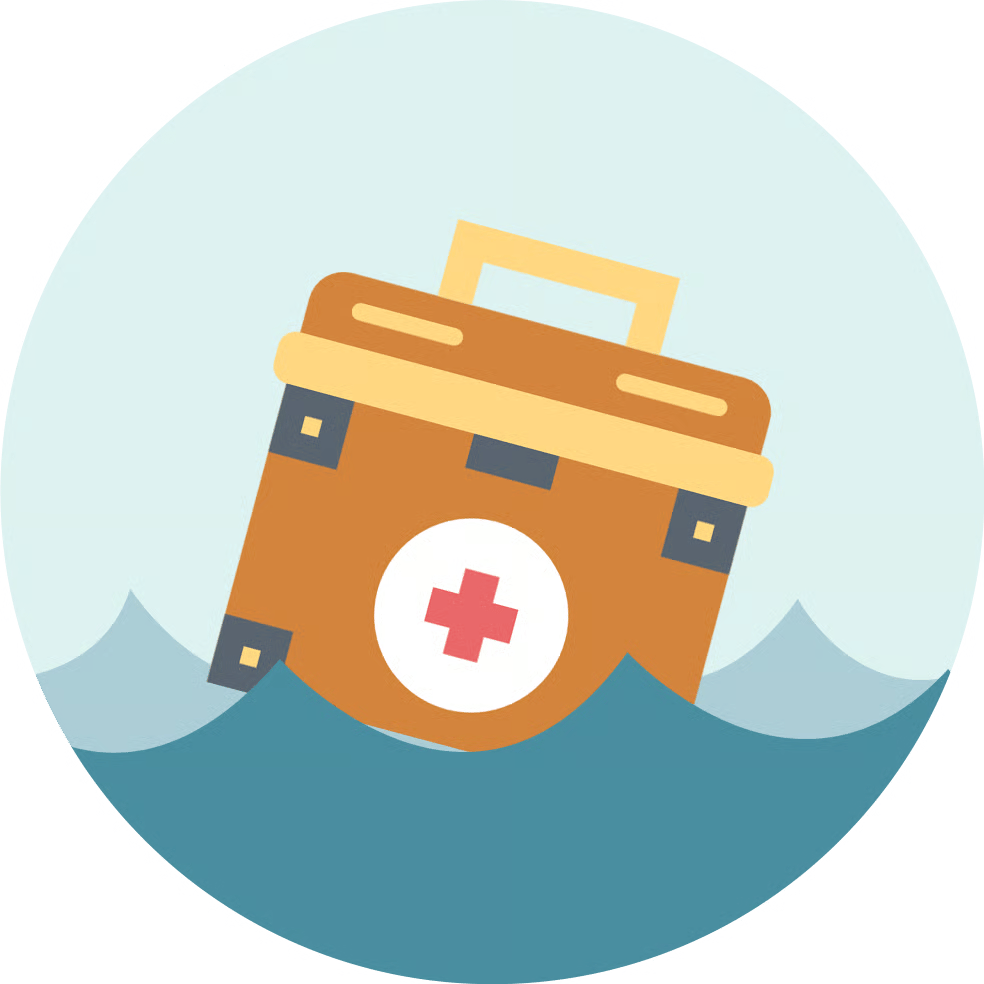 Emergency kit marked with a red cross floating in floodwater