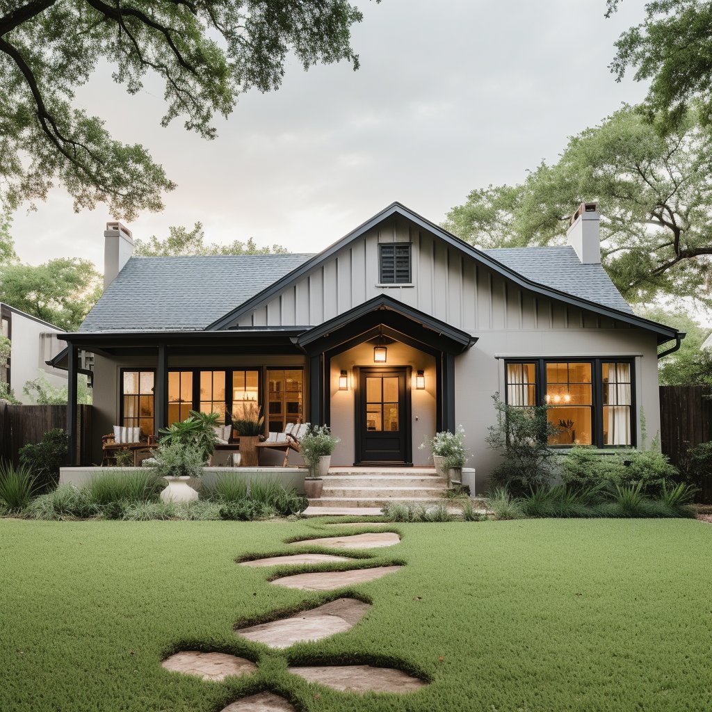 Single-story home with a dark gabled porch, glowing windows, and a stepping-stone path across the lawn.
