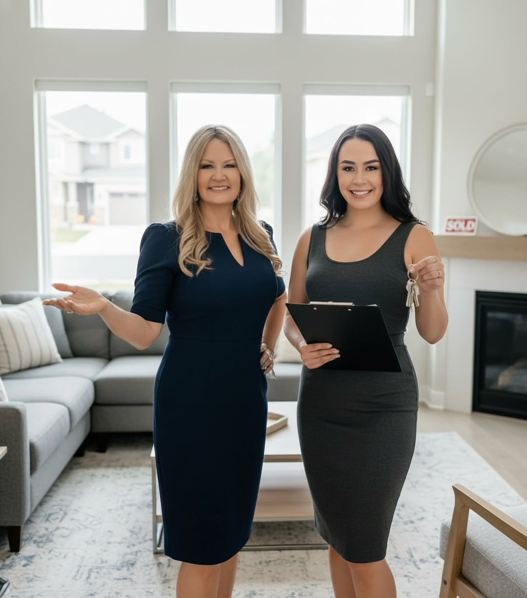 Smiling Meridian Group Real Estate team outside modern Castle Rock office, ready to help clients with keys and Douglas County market expertise.