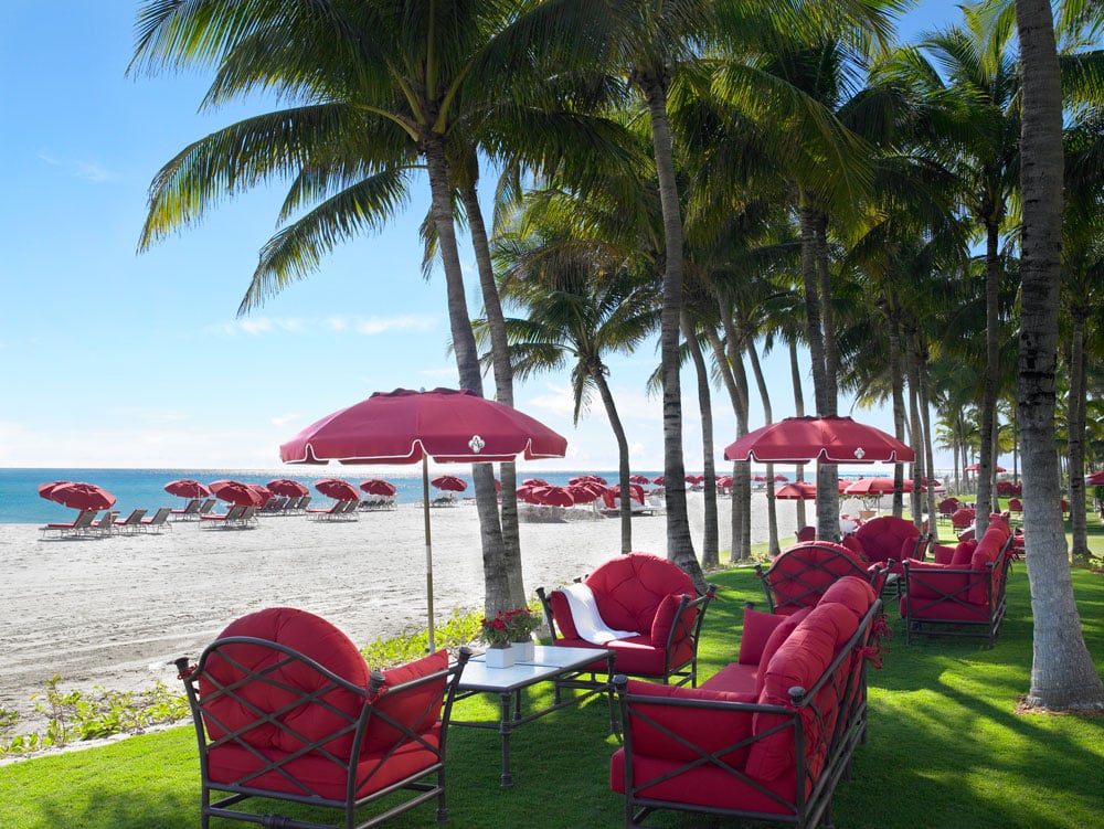 Beachfront resort seating with red lounge chairs and umbrellas beneath palms beside the ocean.