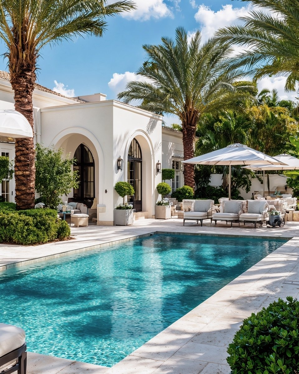 Turquoise swimming pool beside a white stucco home with arched windows and palm trees.