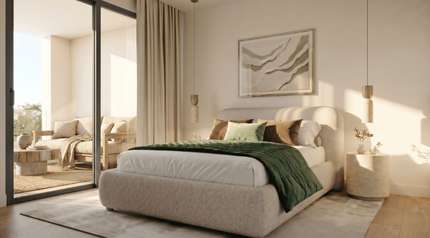 Contemporary bedroom with an upholstered bed, green coverlet, and sliding doors to a balcony.