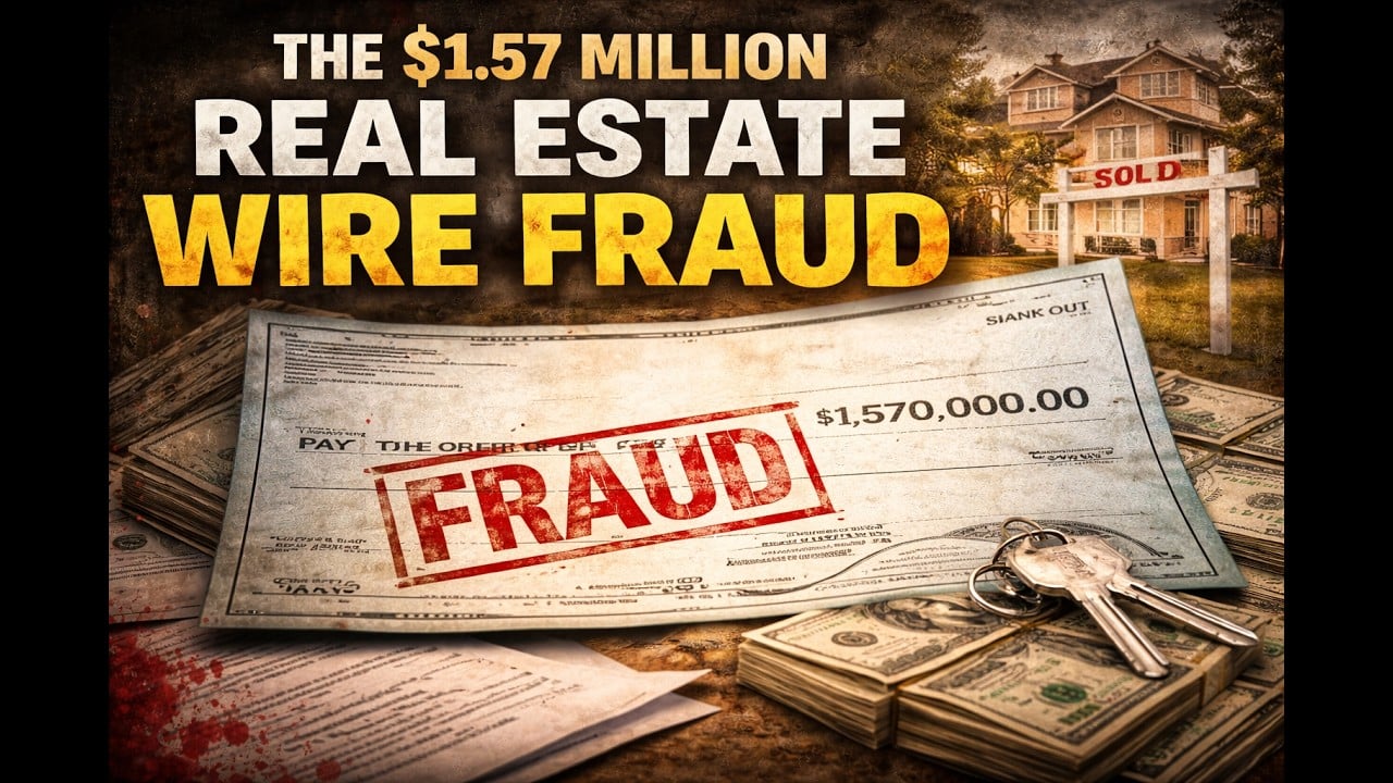 Thumbnail showing a large check stamped “FRAUD” with the headline “The $1.57 Million Real Estate Wire Fraud,” alongside a house with a “SOLD” sign, cash, and house keys—illustrating a real estate wire transfer scam.