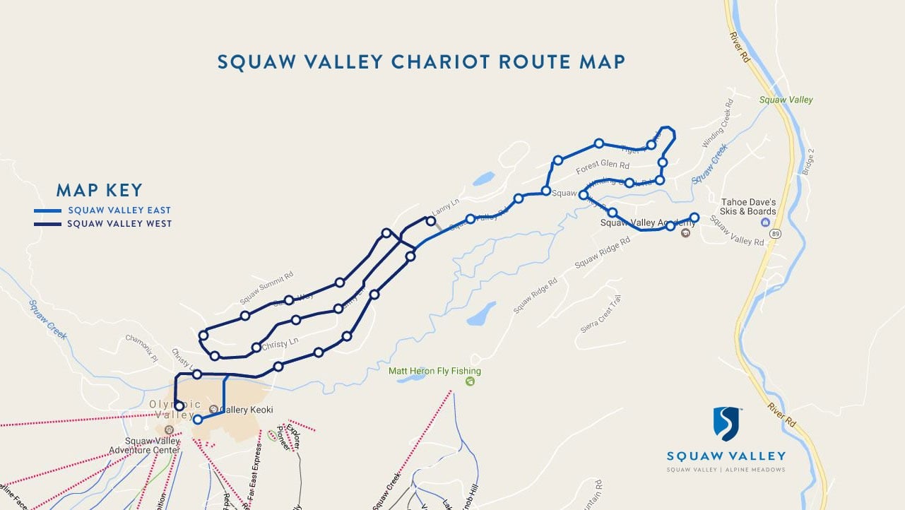 Squaw Valley Chariot route map showing east and west shuttle routes.