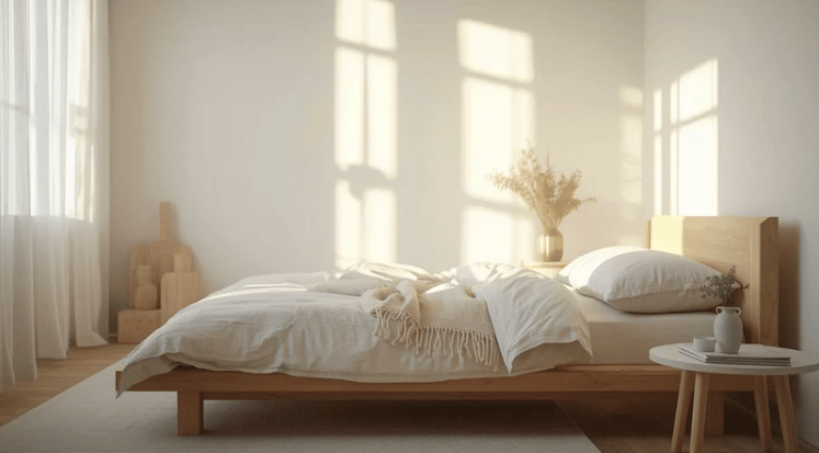 Sunlit bedroom with white bedding, a low wooden bed, and window shadows on pale walls.