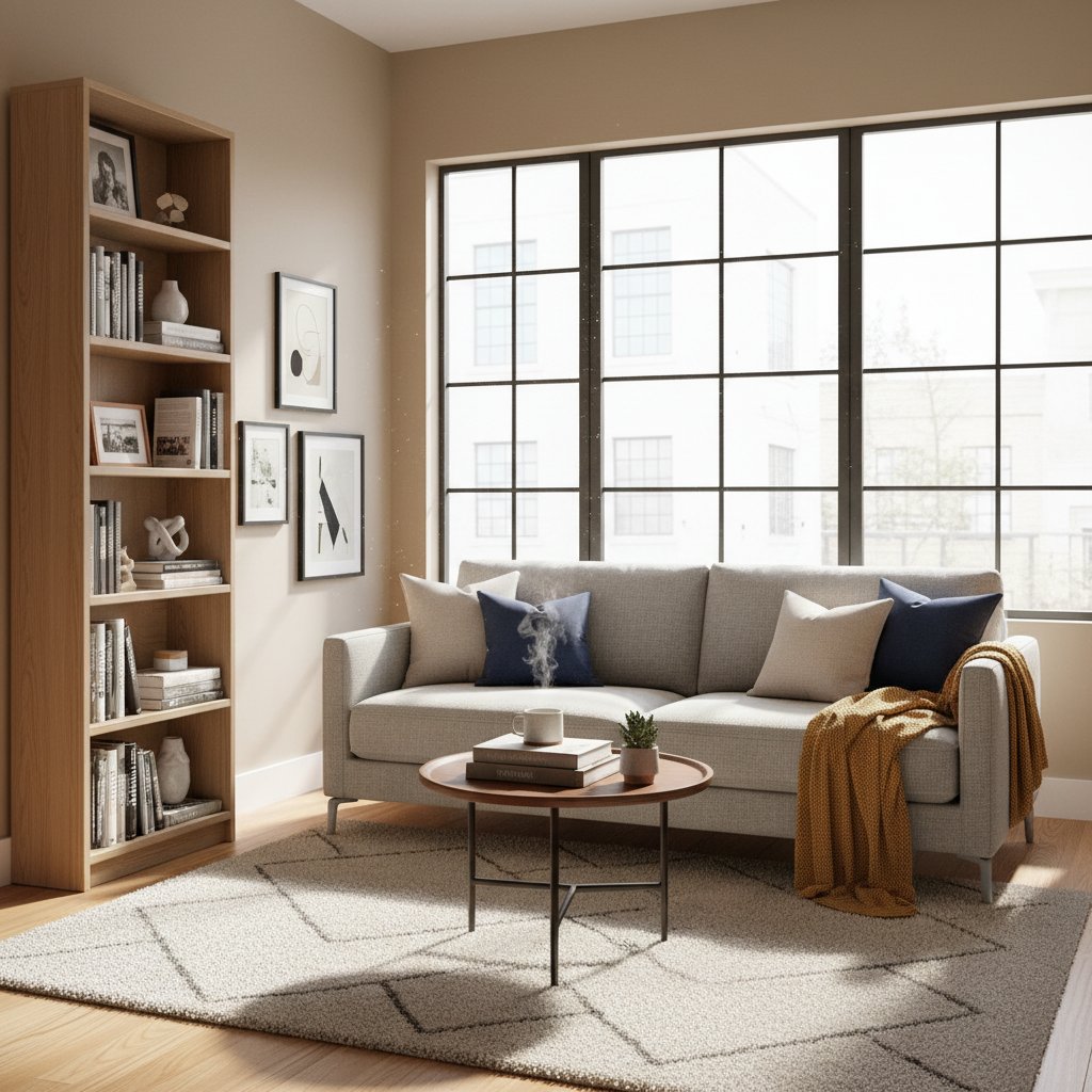 A cozy downsized home interior featuring a light gray sofa, a small round coffee table, a soft area rug, and a bookshelf in the corner. Large windows fill the space with natural light, creating a warm and inviting atmosphere