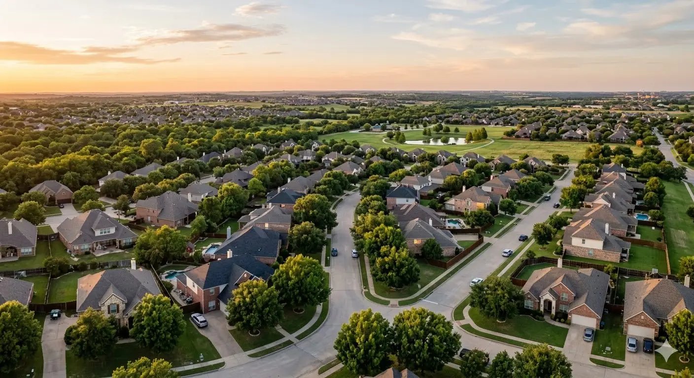 A warm, golden-hour aerial photograph of a quiet residential neighborhood in North Texas, with tree-lined streets, well-maintained single-family homes, and open sky.