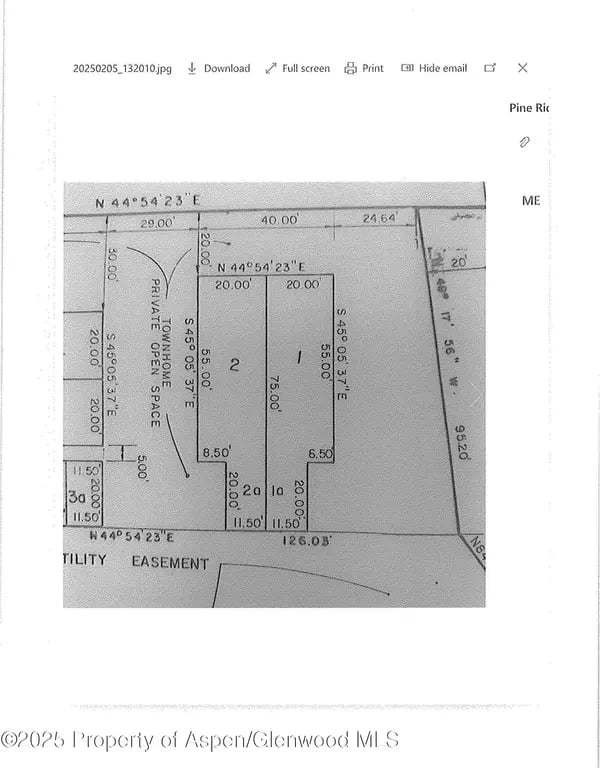Plat map of two adjacent townhome lots with dimensions, private open space, and a utility easement.