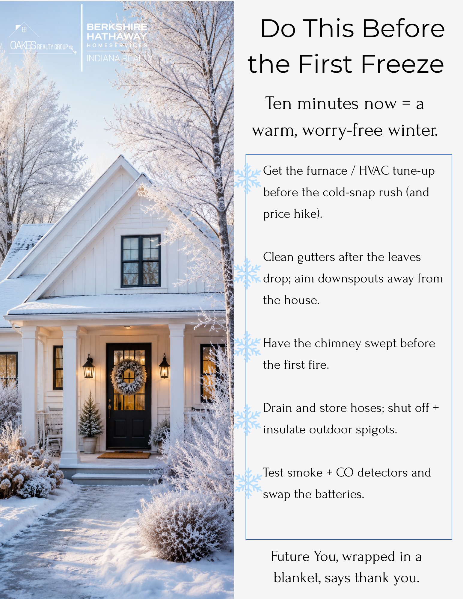 Winter home maintenance checklist beside a snowy white house, with tips for preparing for the first freeze.