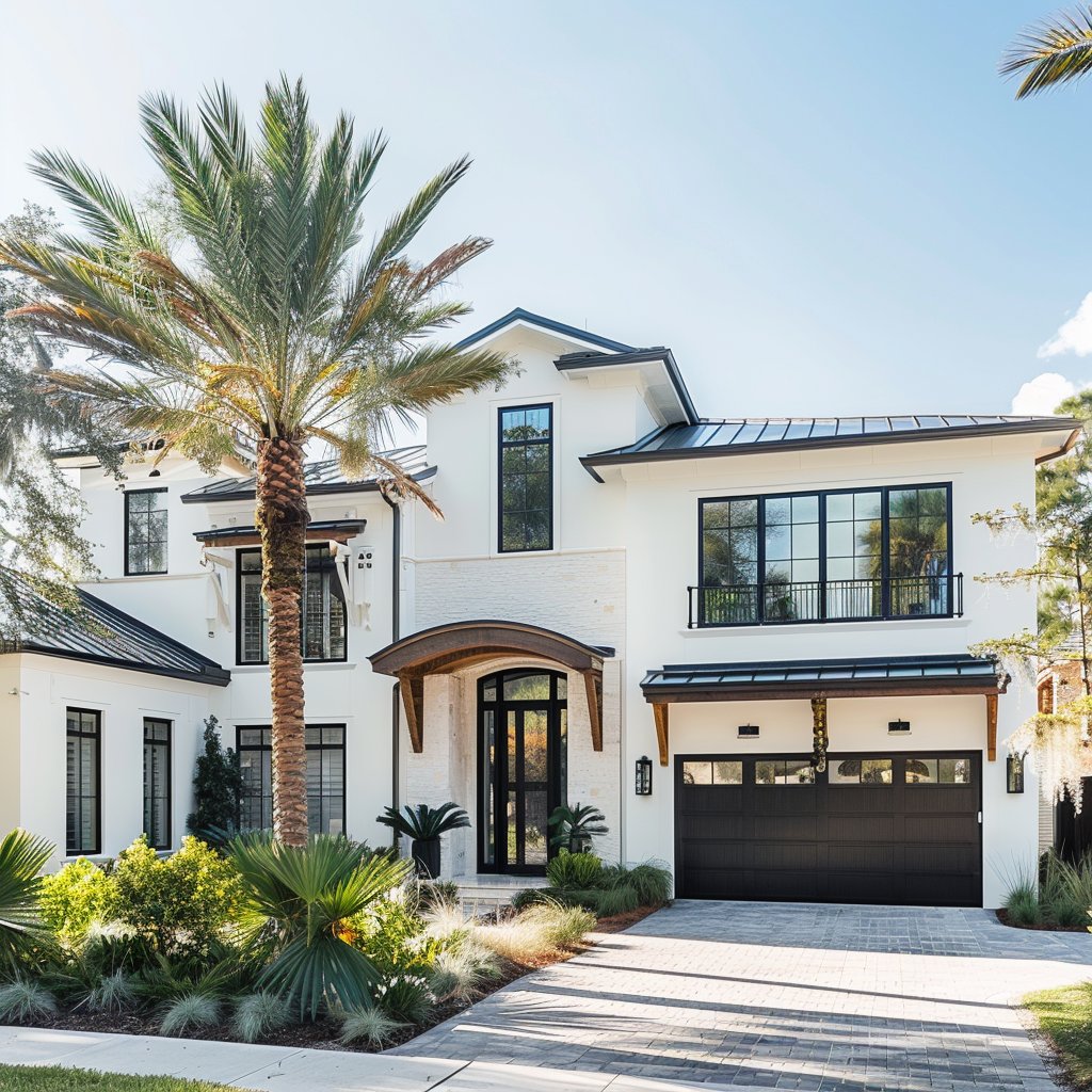 Modern white two-story home with a palm tree, tropical landscaping, and a wide paved driveway.