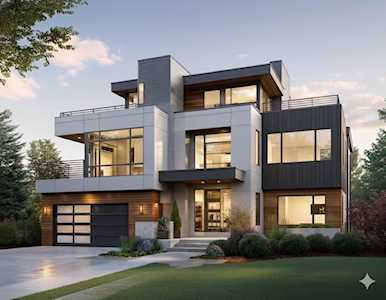 Modern three-story home with large windows, dark exterior panels, and a front-entry garage.