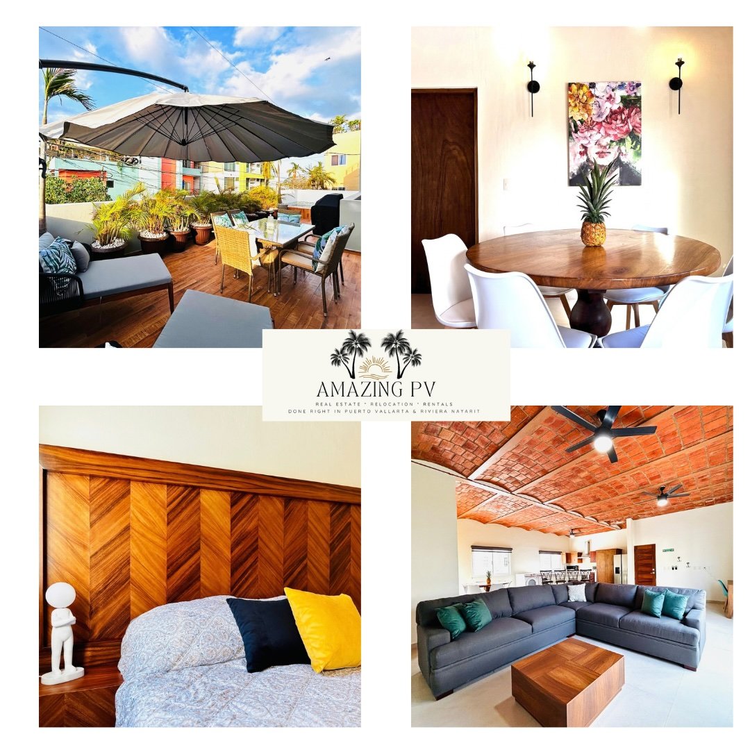 Furnished property collage featuring a shaded terrace, wood-accented bedroom, dining area, and brick-ceiling living room.