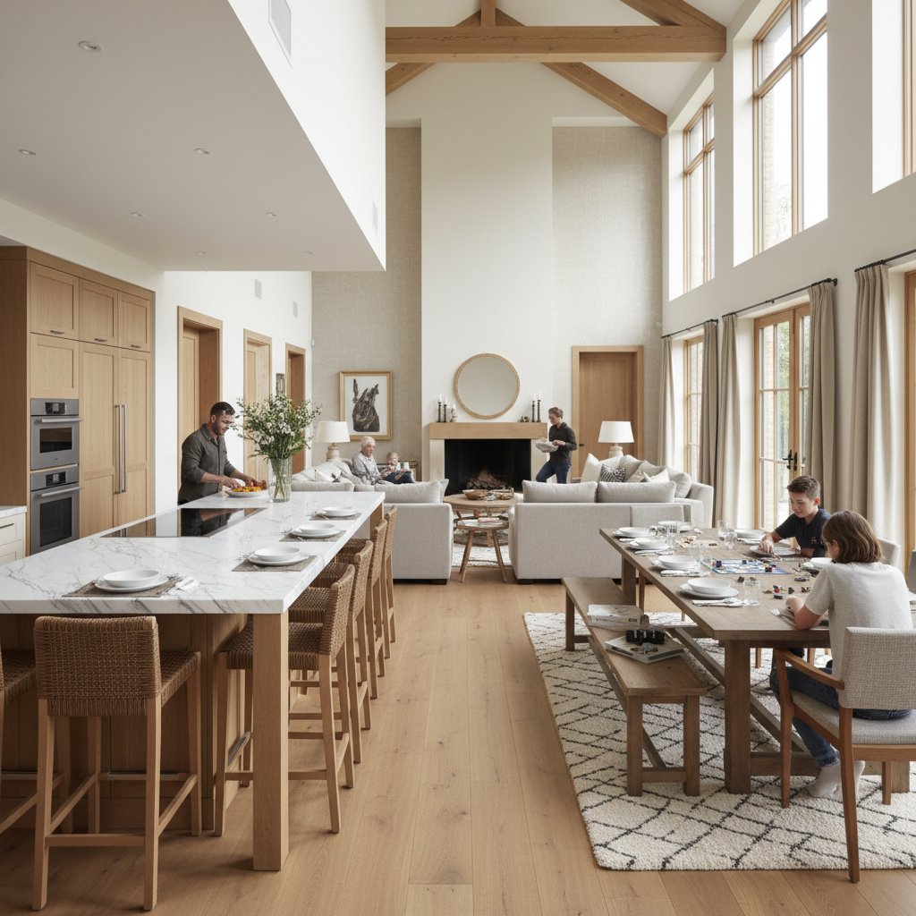 A spacious, open-concept luxury home interior featuring a modern design. A family is engaged in various activities, highlighting comfort, togetherness, and functionality in the living space.