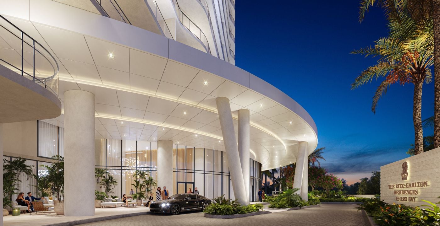 Twilight rendering of the arrival drive and porte-cochère at The Ritz-Carlton Residences, Estero Bay