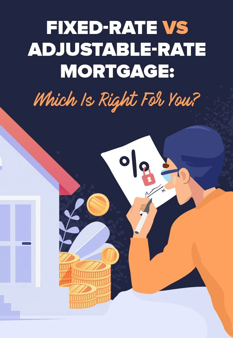 Fixed-rate vs adjustable-rate mortgage graphic with a person, house, and coins.