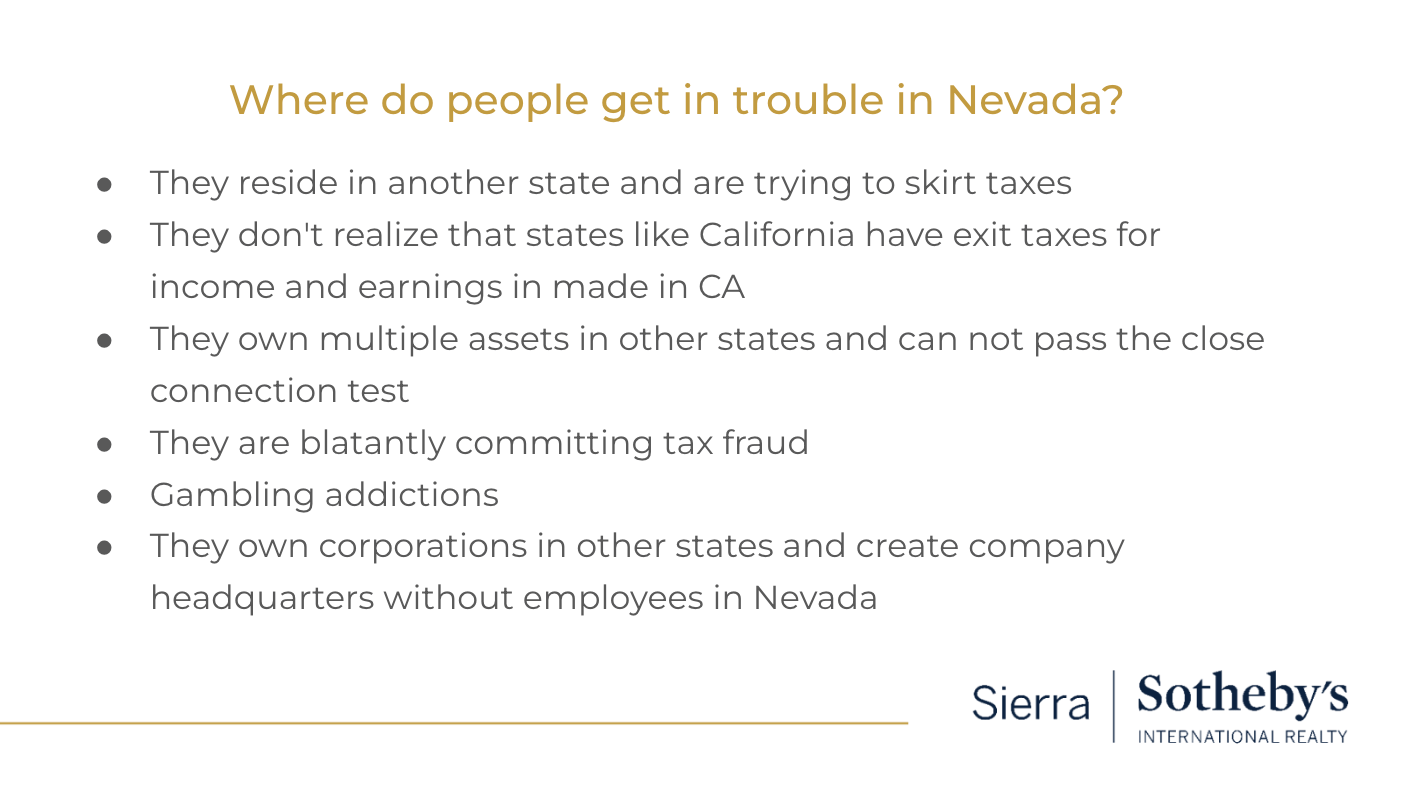 Slide listing tax and residency issues that can cause trouble in Nevada, with Sierra Sotheby's International Realty branding.