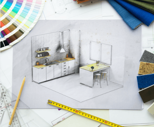 Kitchen design sketch surrounded by paint and material samples and a measuring tape.