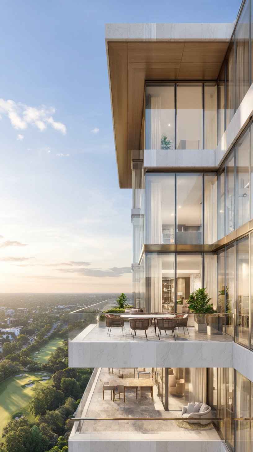 Modern glass condominium with marble terraces and furnished balconies overlooking a golf course at sunset.