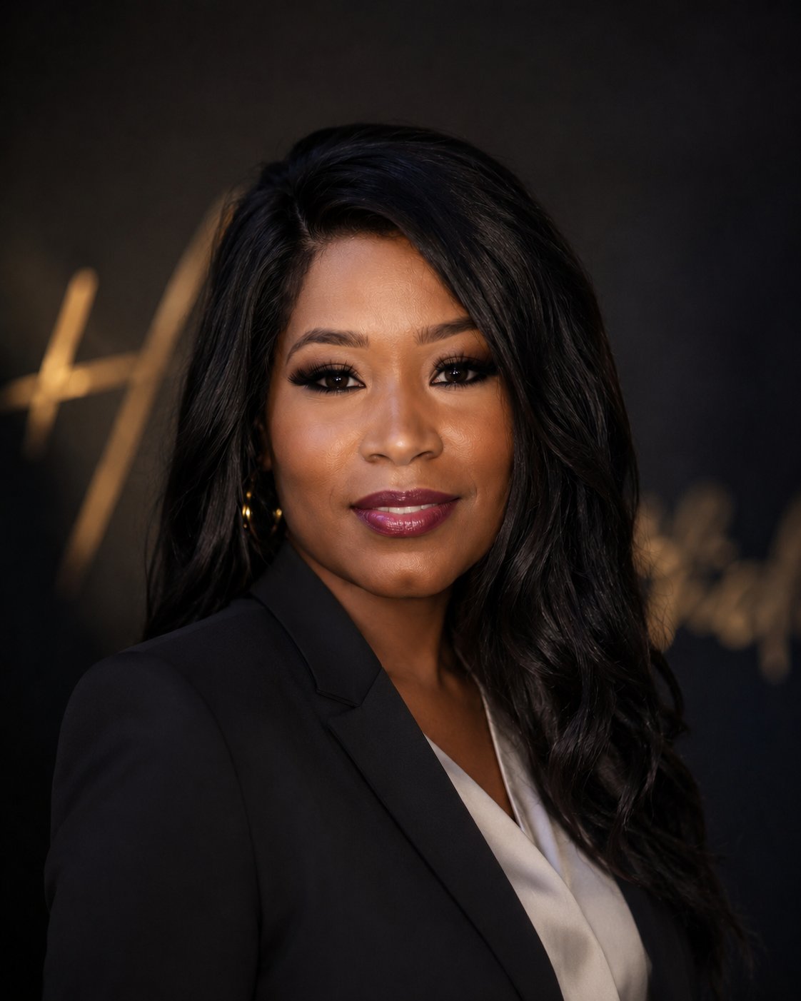 Joy Cox in a black blazer and gold hoop earrings against a dark background.