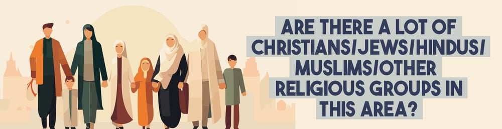 A diverse group of people beside a question about religious groups in the area.