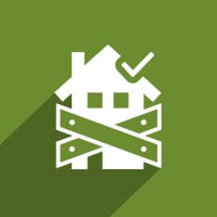 House above crossed banknotes, representing money for a home purchase.
