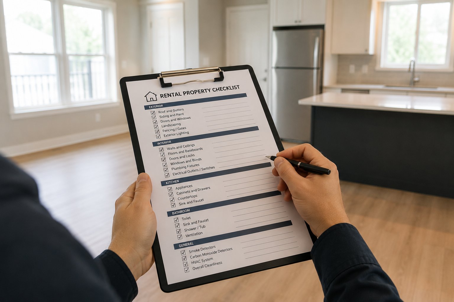 Person holding a clipboard with a rental property checklist in a bright, modern kitchen.